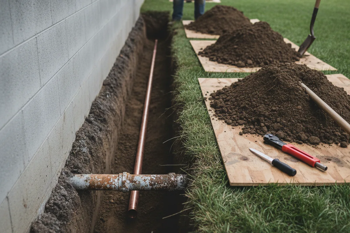 Excavated water line trench during Water Heater Repair in Dry Branch